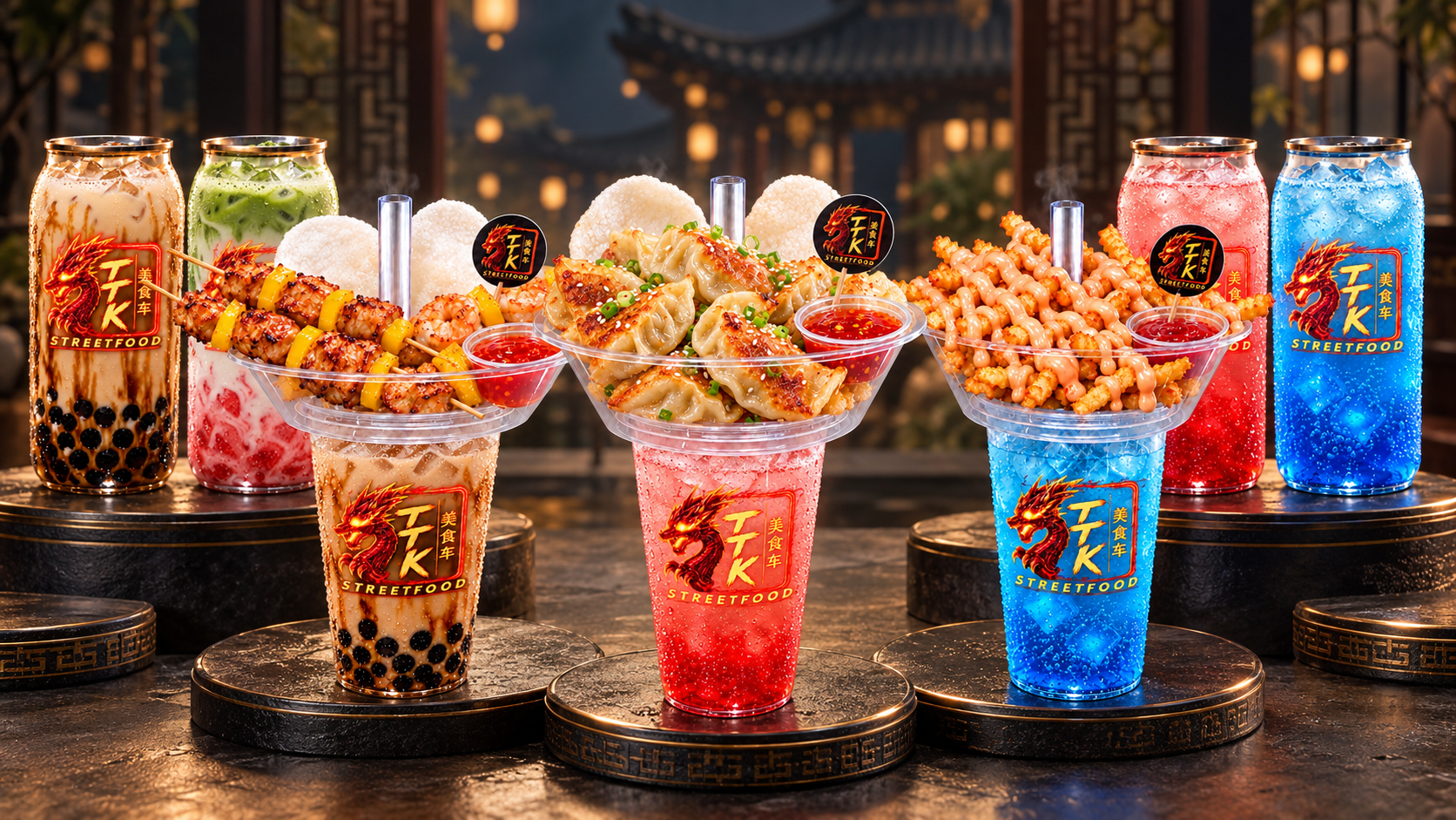 TTK Streetfood loaded fries, dumplings, skewers and drinks with the TTK dragon logo